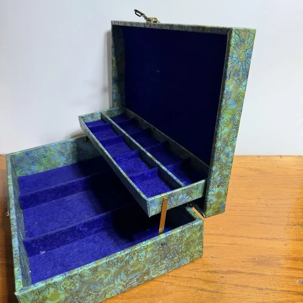 Mid Century Groovy Blue Green Floral Jewelry Box Velvet Lining Dresser Box 14